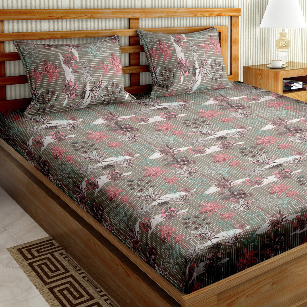Bella Casa Fashion & Retail Ltd BEDSHEET 108 X 108 Inch / Grey / Cotton Double Bedsheet Set Cotton Super King Size with 2 Pillow Covers Floral Design Grey Colour - Paris Collection