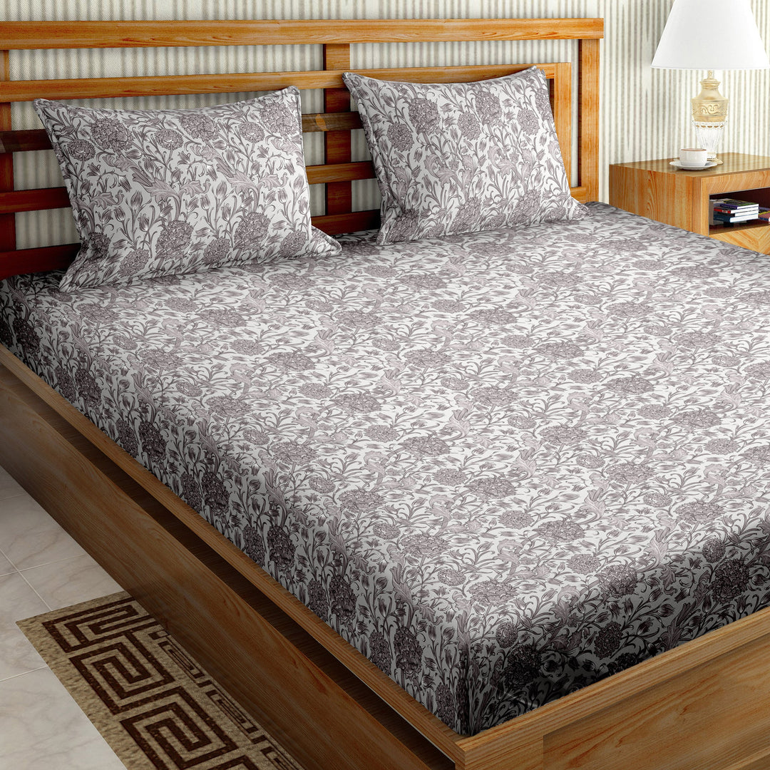 Bella Casa Fashion & Retail Ltd BEDSHEET 108 X 108 Inch / Grey / Cotton Double Bedsheet Set Cotton Super King Size with 2 Pillow Covers Floral Design Grey Colour - Paris Collection