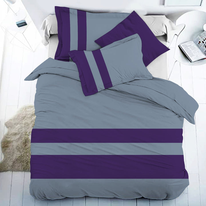 Bella Casa Fashion & Retail Ltd BEDSHEET 108 X 108 Inch / Grey & Purple / 100 % Premium Cotton Super King Size Double Bedsheet Set Premium Cotton with 2 Pillow Covers Digital Printed Grey & Purple Coloured - Heaven Stripe Collection