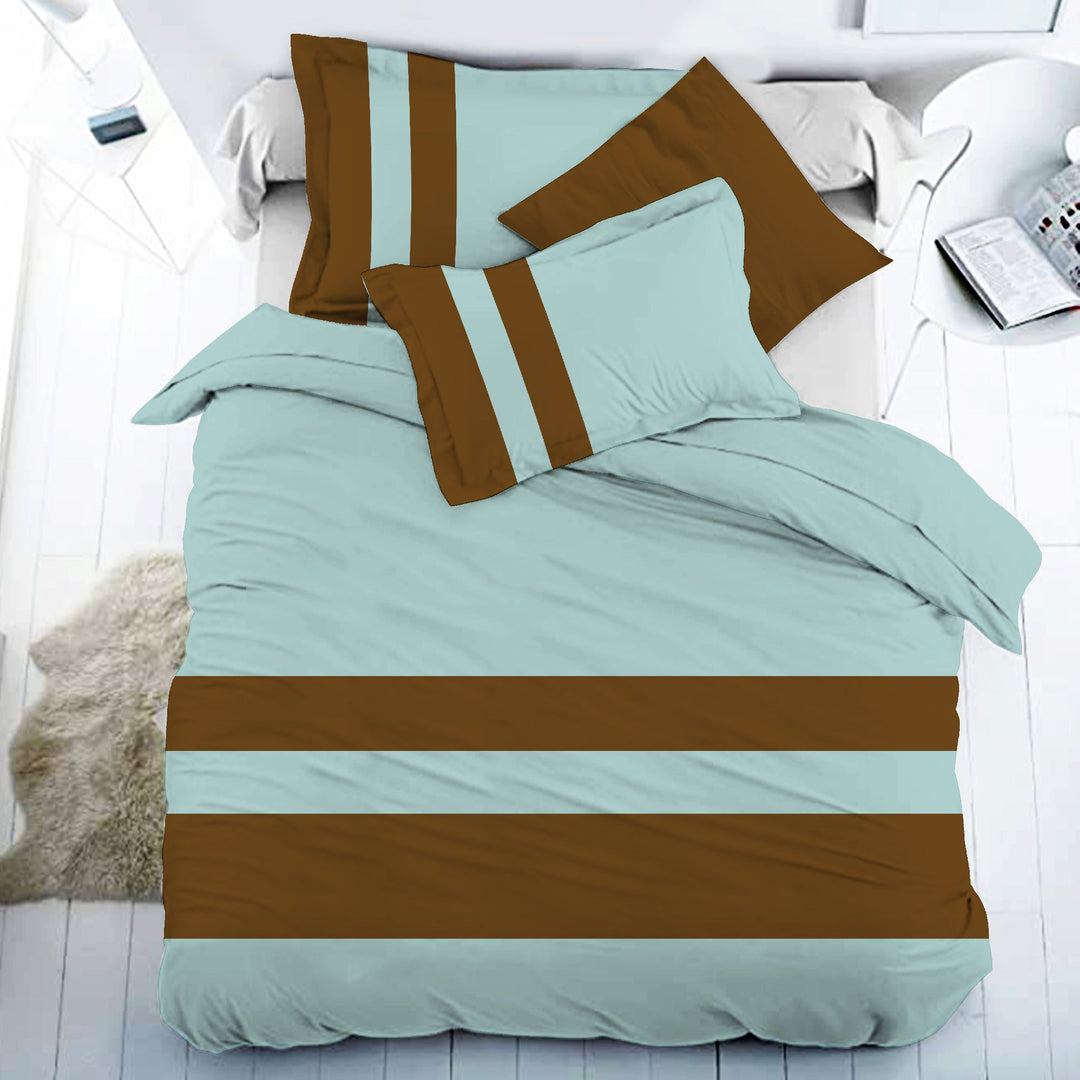 Bella Casa Fashion & Retail Ltd BEDSHEET 108 X 108 Inch / Light Aqua & Brown / 100 % Premium Cotton Super King Size Double Bedsheet Set Premium Cotton with 2 Pillow Covers Digital Printed Light Aqua & Brown Coloured - Heaven Stripe Collection