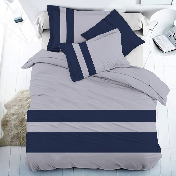 Bella Casa Fashion & Retail Ltd BEDSHEET 108 X 108 Inch / Light Grey & Navy Blue / 100 % Premium Cotton Super King Size Double Bedsheet Set Premium Cotton with 2 Pillow Covers Digital Printed Light Grey & Navy Blue Coloured - Heaven Stripe Collection