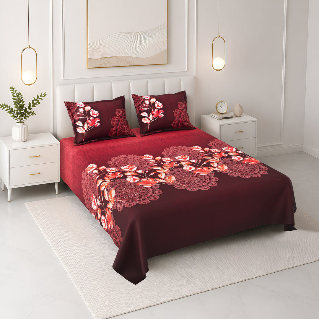 Bella Casa Fashion & Retail Ltd BEDSHEET 108 X 108 Inch / Maroon & Red / 100 % Premium Cotton Super King Size Double Bedsheet Set Premium Cotton with 2 Pillow Covers Digital Printed Maroon & Red Coloured - Celestia Designer Collection