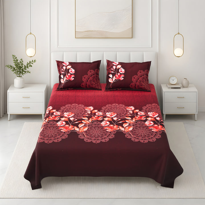 Bella Casa Fashion & Retail Ltd BEDSHEET 108 X 108 Inch / Maroon & Red / 100 % Premium Cotton Super King Size Double Bedsheet Set Premium Cotton with 2 Pillow Covers Digital Printed Maroon & Red Coloured - Celestia Designer Collection