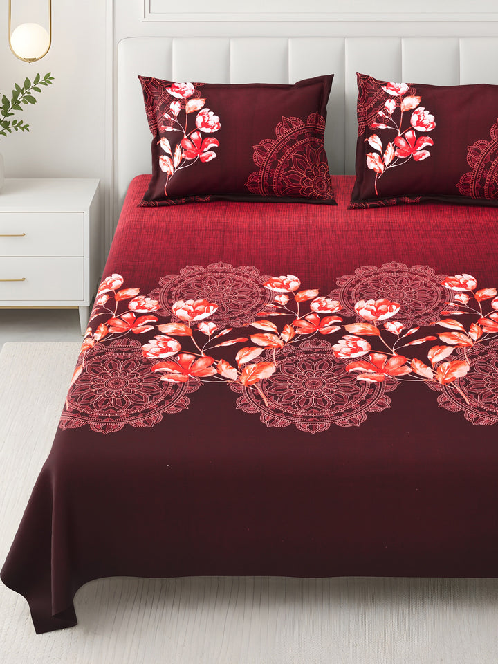 Bella Casa Fashion & Retail Ltd BEDSHEET 108 X 108 Inch / Maroon & Red / 100 % Premium Cotton Super King Size Double Bedsheet Set Premium Cotton with 2 Pillow Covers Digital Printed Maroon & Red Coloured - Celestia Designer Collection