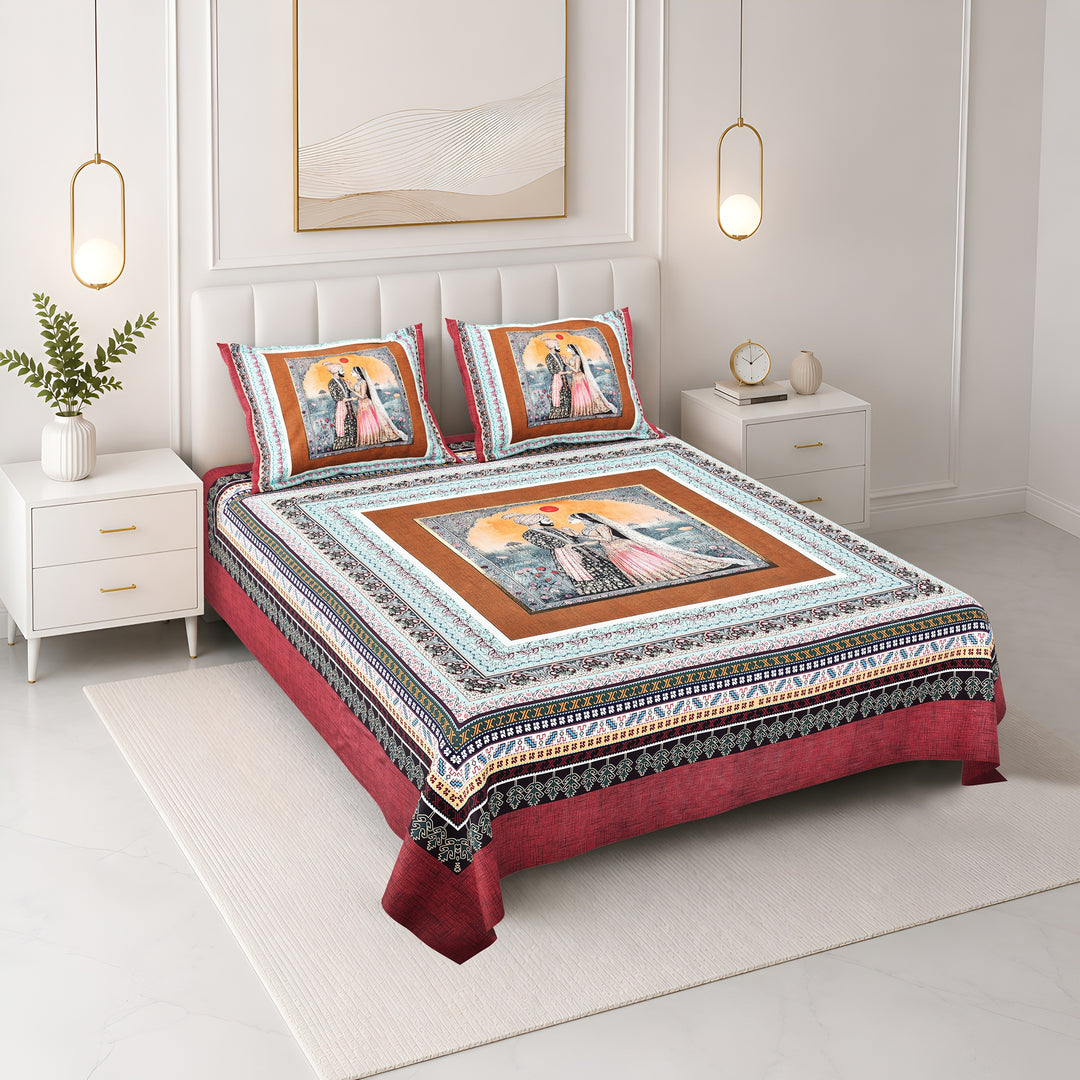 Bella Casa Fashion & Retail Ltd BEDSHEET 108 X 108 Inch / Multi / 100 % Premium Cotton Super King Size Double Bedsheet Set Premium Cotton with 2 Pillow Covers Digital Printed Multi Coloured - Celestia Designer Collection
