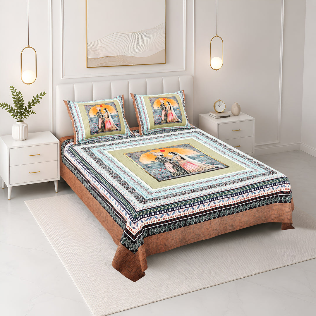 Bella Casa Fashion & Retail Ltd BEDSHEET 108 X 108 Inch / Multi / 100 % Premium Cotton Super King Size Double Bedsheet Set Premium Cotton with 2 Pillow Covers Digital Printed Multi Coloured - Celestia Designer Collection