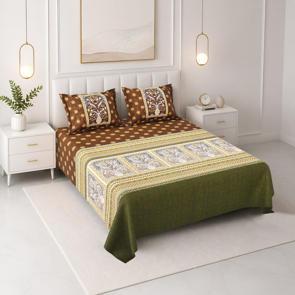 Bella Casa Fashion & Retail Ltd BEDSHEET 108 X 108 Inch / Multi & Brown / 100 % Premium Cotton Super King Size Double Bedsheet Set Premium Cotton with 2 Pillow Covers Digital Printed Multi & Brown Coloured - Celestia Designer Collection