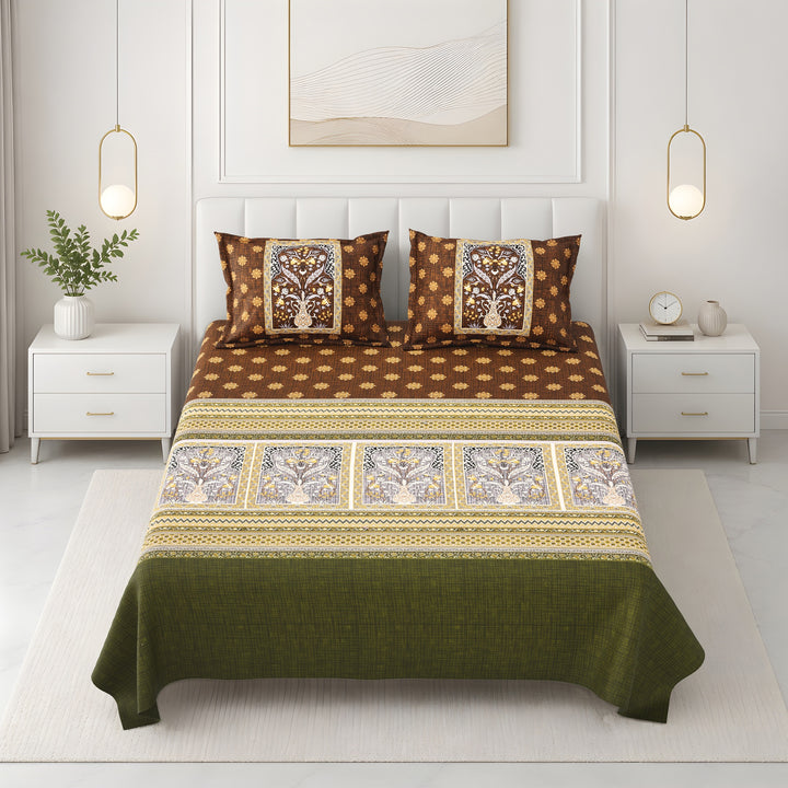 Bella Casa Fashion & Retail Ltd BEDSHEET 108 X 108 Inch / Multi & Brown / 100 % Premium Cotton Super King Size Double Bedsheet Set Premium Cotton with 2 Pillow Covers Digital Printed Multi & Brown Coloured - Celestia Designer Collection