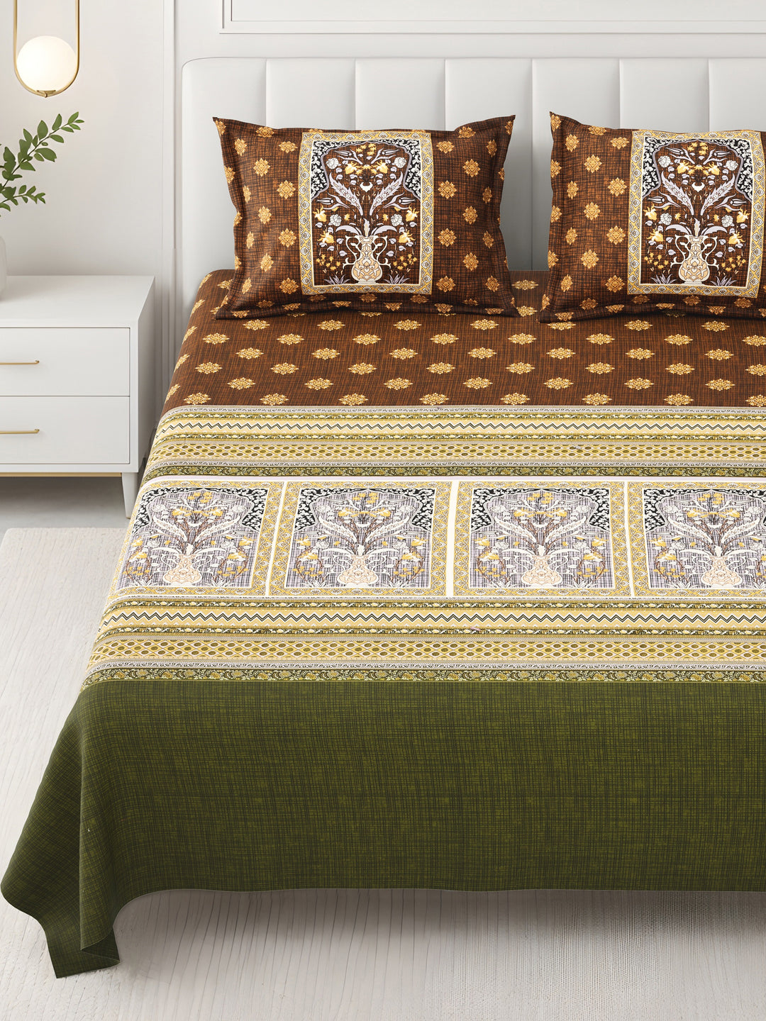 Bella Casa Fashion & Retail Ltd BEDSHEET 108 X 108 Inch / Multi & Brown / 100 % Premium Cotton Super King Size Double Bedsheet Set Premium Cotton with 2 Pillow Covers Digital Printed Multi & Brown Coloured - Celestia Designer Collection