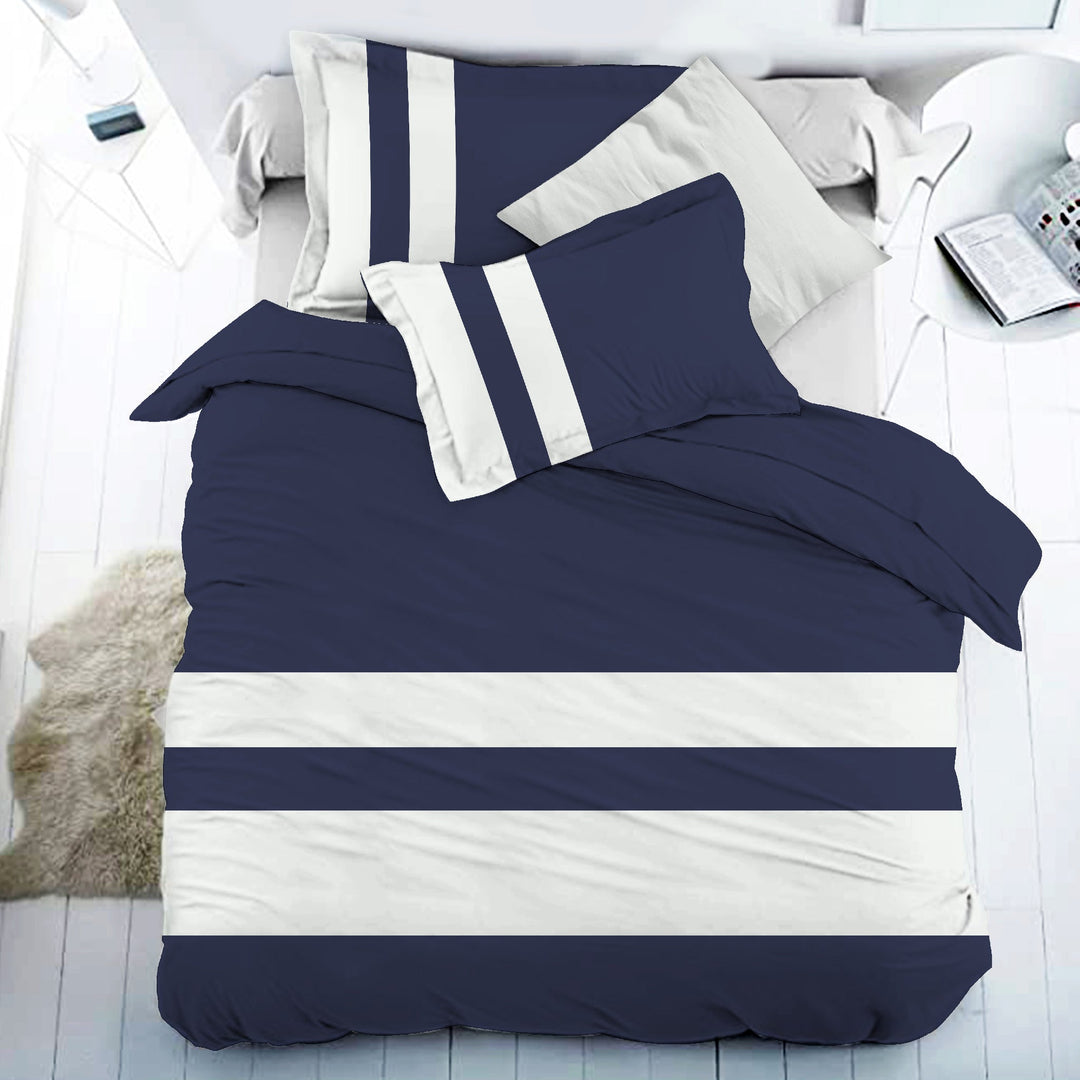 Bella Casa Fashion & Retail Ltd BEDSHEET 108 X 108 Inch / Navy Blue & Off-White / 100 % Premium Cotton Super King Size Double Bedsheet Set Premium Cotton with 2 Pillow Covers Digital Printed Deep Navy Blue & Off-White Coloured - Heaven Stripe Collection