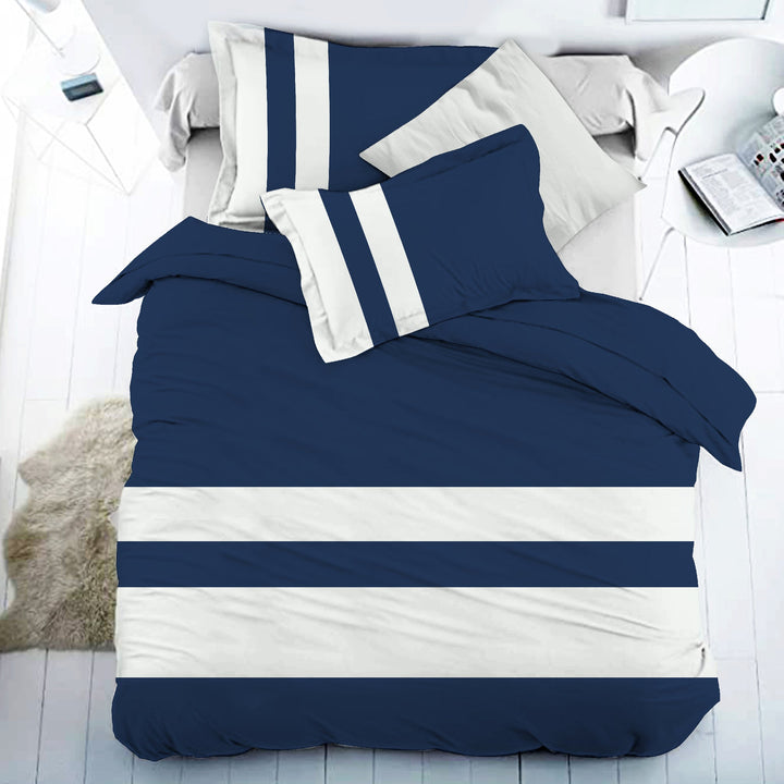 Bella Casa Fashion & Retail Ltd BEDSHEET 108 X 108 Inch / Navy Blue & Off-White / 100 % Premium Cotton Super King Size Double Bedsheet Set Premium Cotton with 2 Pillow Covers Digital Printed Navy Blue & Off-White Coloured - Heaven Stripe Collection