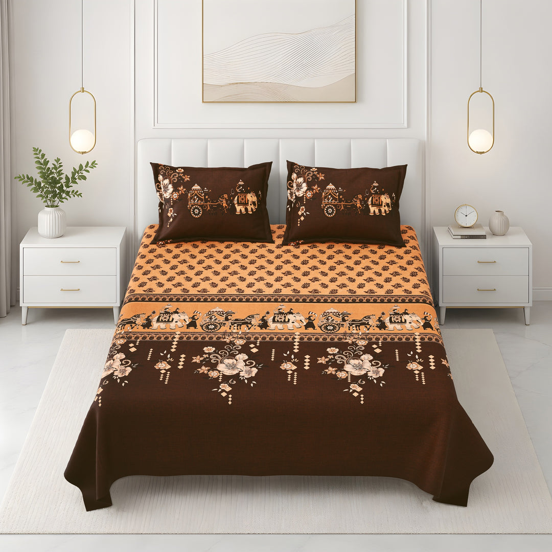 Bella Casa Fashion & Retail Ltd BEDSHEET 108 X 108 Inch / Orange & Maroon / 100 % Premium Cotton Super King Size Double Bedsheet Set Premium Cotton with 2 Pillow Covers Digital Printed Orange & Maroon Coloured - Celestia Designer Collection