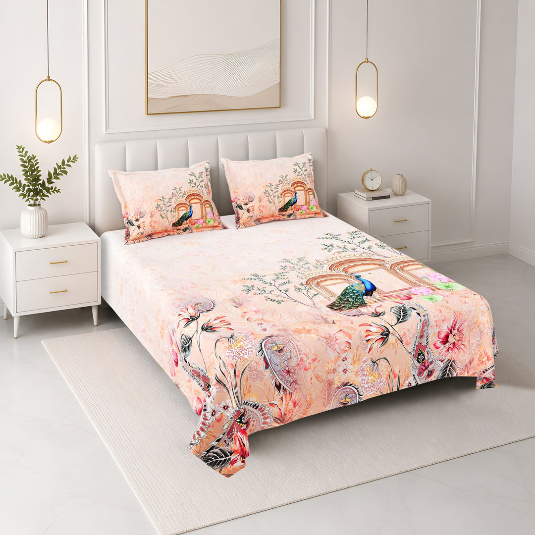 Bella Casa Fashion & Retail Ltd BEDSHEET 108 X 108 Inch / Orange & Multi / 100 % Premium Cotton Super King Size Double Bedsheet Set Premium Cotton with 2 Pillow Covers Digital Printed Orange & Multi Coloured - Celestia Designer Collection