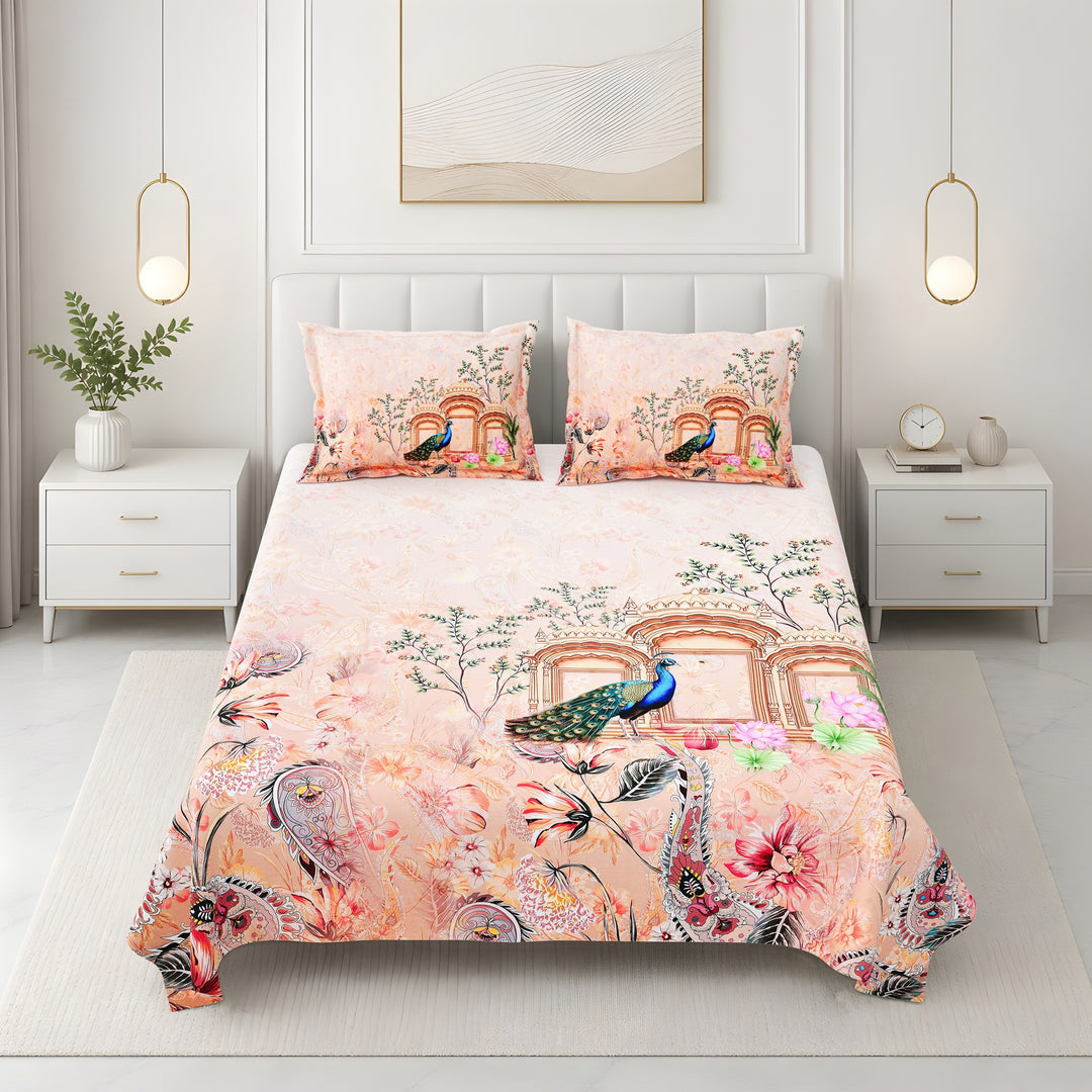 Bella Casa Fashion & Retail Ltd BEDSHEET 108 X 108 Inch / Orange & Multi / 100 % Premium Cotton Super King Size Double Bedsheet Set Premium Cotton with 2 Pillow Covers Digital Printed Orange & Multi Coloured - Celestia Designer Collection