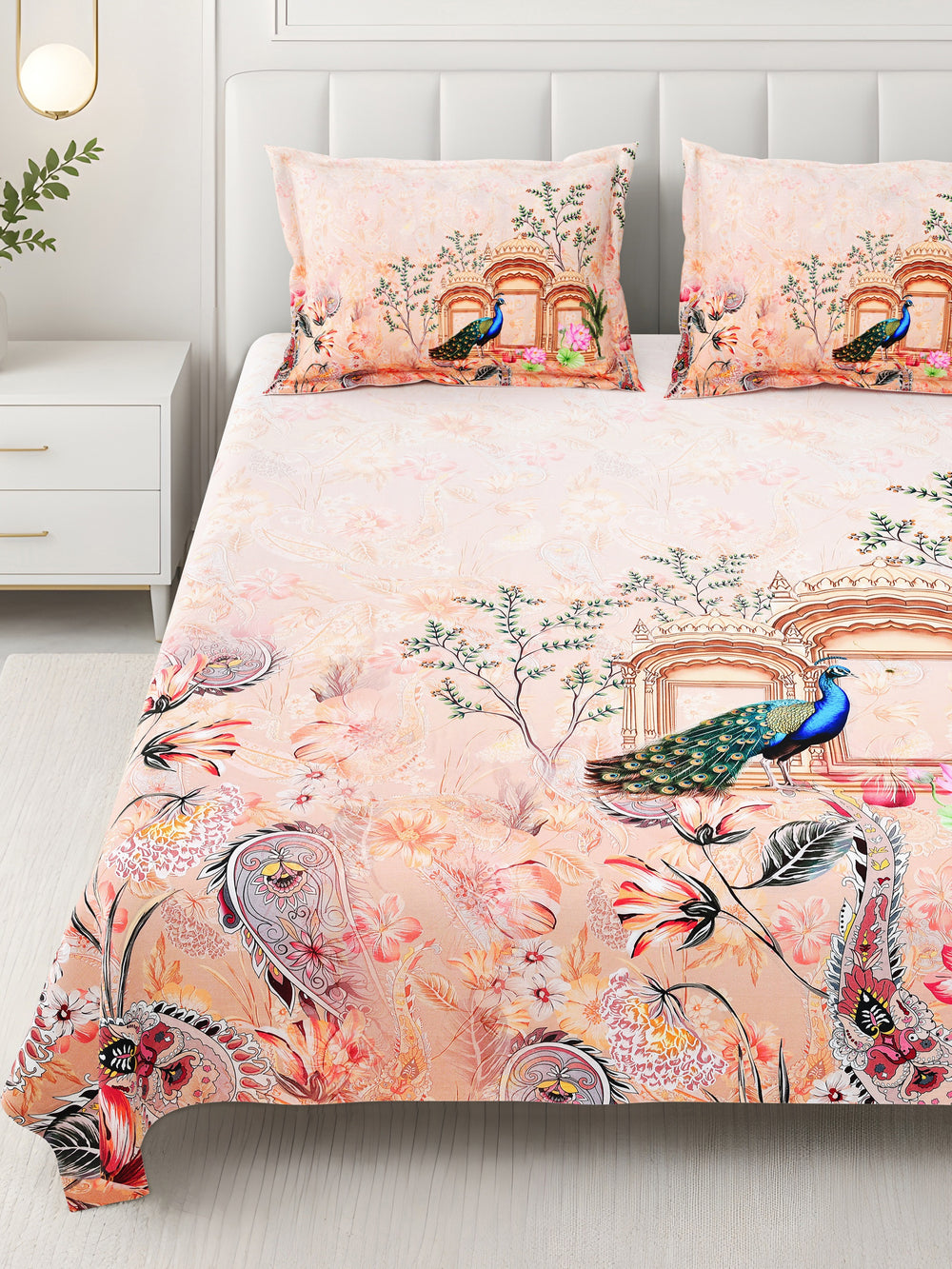 Bella Casa Fashion & Retail Ltd BEDSHEET 108 X 108 Inch / Orange & Multi / 100 % Premium Cotton Super King Size Double Bedsheet Set Premium Cotton with 2 Pillow Covers Digital Printed Orange & Multi Coloured - Celestia Designer Collection