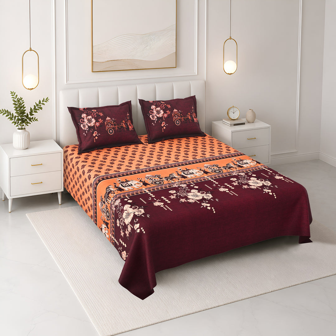Bella Casa Fashion & Retail Ltd BEDSHEET 108 X 108 Inch / Orange & Red / 100 % Premium Cotton Super King Size Double Bedsheet Set Premium Cotton with 2 Pillow Covers Digital Printed Orange & Red Coloured - Celestia Designer Collection