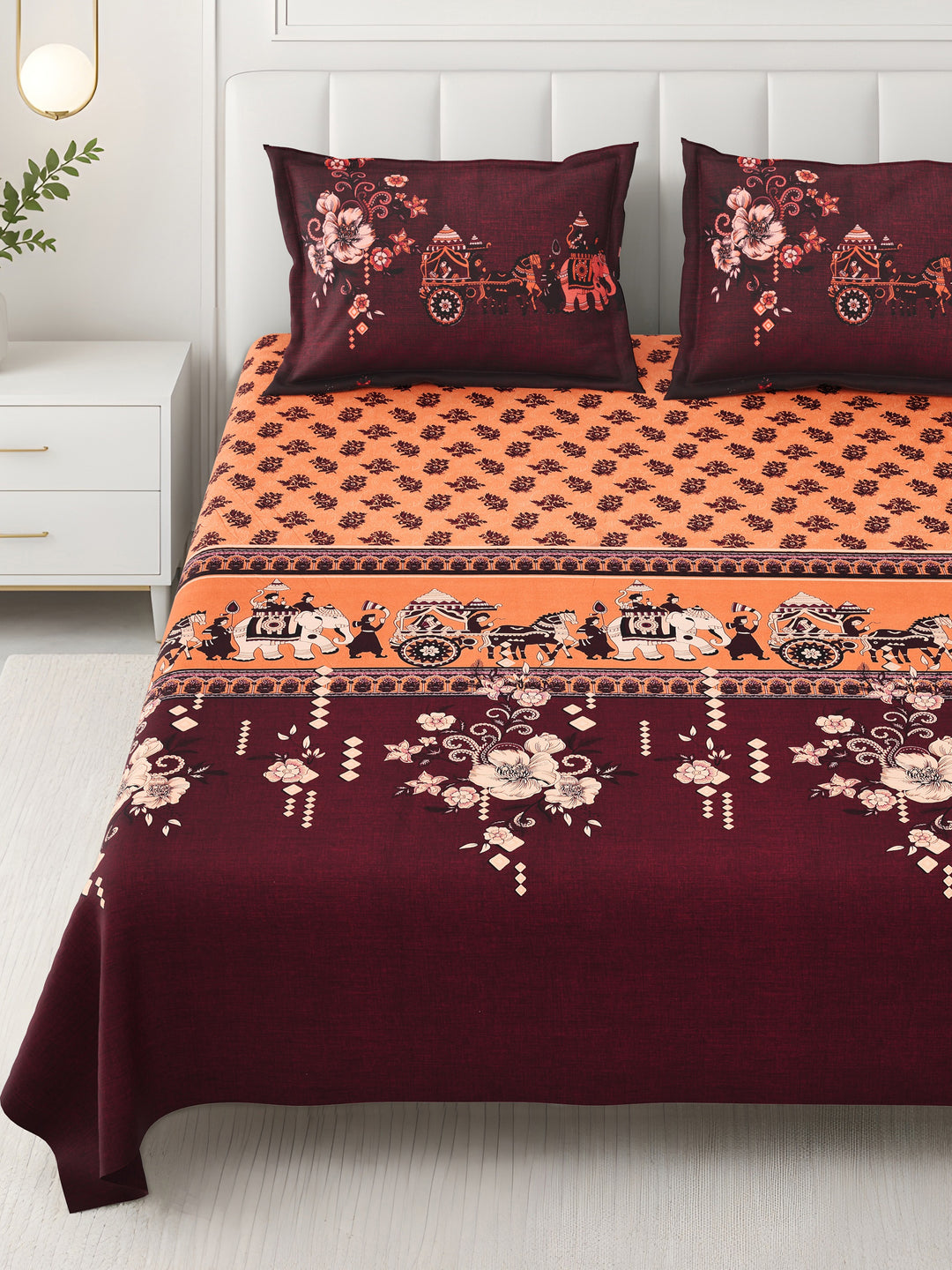 Bella Casa Fashion & Retail Ltd BEDSHEET 108 X 108 Inch / Orange & Red / 100 % Premium Cotton Super King Size Double Bedsheet Set Premium Cotton with 2 Pillow Covers Digital Printed Orange & Red Coloured - Celestia Designer Collection