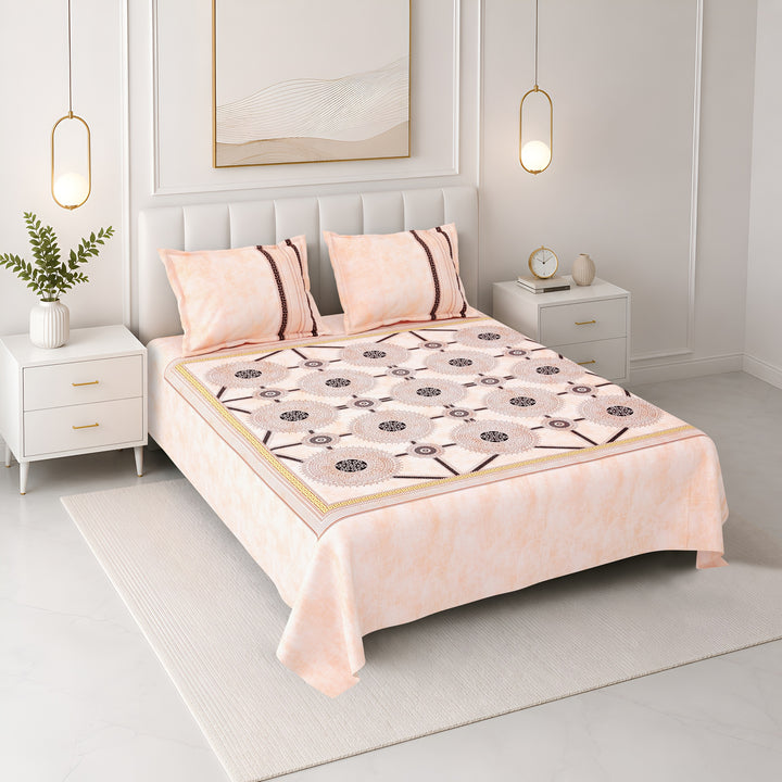 Bella Casa Fashion & Retail Ltd BEDSHEET 108 X 108 Inch / Peach & Maroon / 100 % Premium Cotton Super King Size Double Bedsheet Set Premium Cotton with 2 Pillow Covers Digital Printed Peach & Maroon Coloured - Celestia Designer Collection