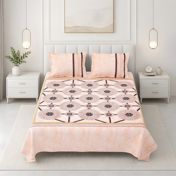 Bella Casa Fashion & Retail Ltd BEDSHEET 108 X 108 Inch / Peach & Maroon / 100 % Premium Cotton Super King Size Double Bedsheet Set Premium Cotton with 2 Pillow Covers Digital Printed Peach & Maroon Coloured - Celestia Designer Collection