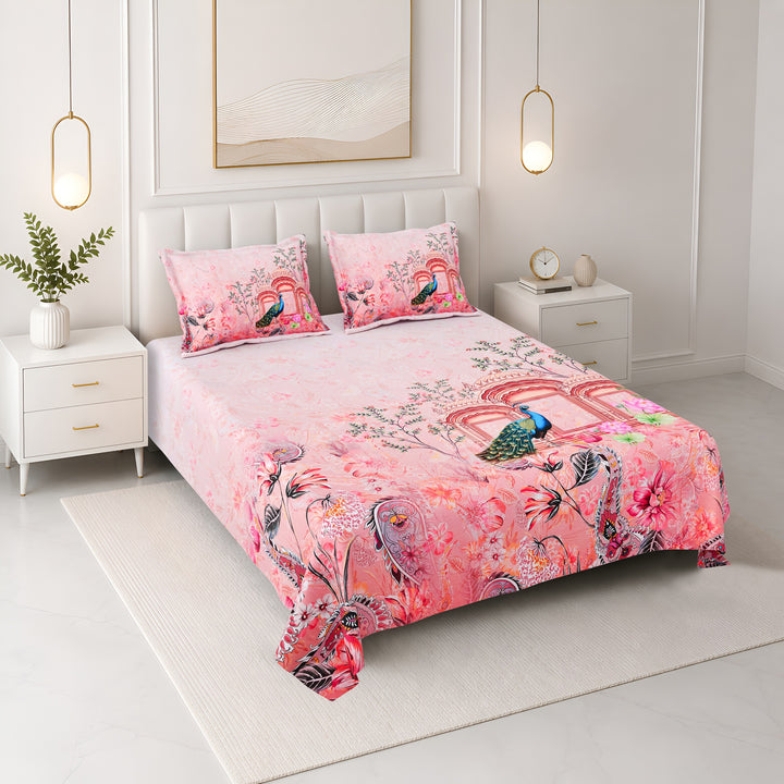 Bella Casa Fashion & Retail Ltd BEDSHEET 108 X 108 Inch / Peach & Multi / 100 % Premium Cotton Super King Size Double Bedsheet Set Premium Cotton with 2 Pillow Covers Digital Printed Peach & Multi Coloured - Celestia Designer Collection