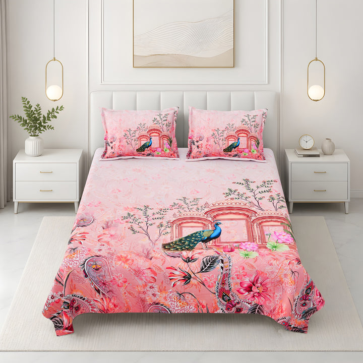 Bella Casa Fashion & Retail Ltd BEDSHEET 108 X 108 Inch / Peach & Multi / 100 % Premium Cotton Super King Size Double Bedsheet Set Premium Cotton with 2 Pillow Covers Digital Printed Peach & Multi Coloured - Celestia Designer Collection