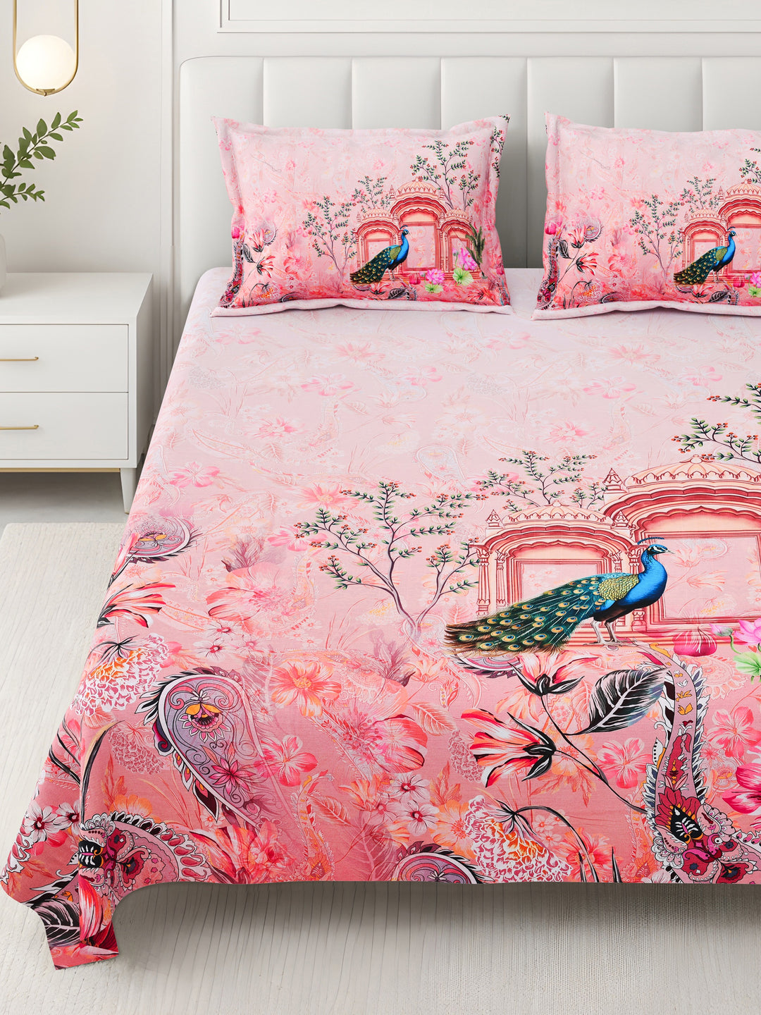 Bella Casa Fashion & Retail Ltd BEDSHEET 108 X 108 Inch / Peach & Multi / 100 % Premium Cotton Super King Size Double Bedsheet Set Premium Cotton with 2 Pillow Covers Digital Printed Peach & Multi Coloured - Celestia Designer Collection