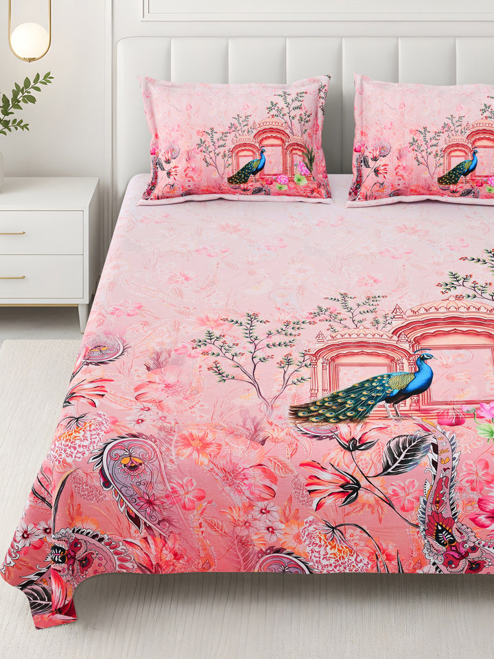 Bella Casa Fashion & Retail Ltd BEDSHEET 108 X 108 Inch / Peach & Multi / 100 % Premium Cotton Super King Size Double Bedsheet Set Premium Cotton with 2 Pillow Covers Digital Printed Peach & Multi Coloured - Celestia Designer Collection