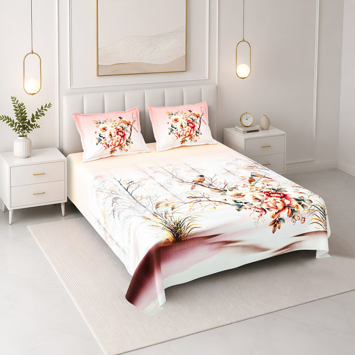 Bella Casa Fashion & Retail Ltd BEDSHEET 108 X 108 Inch / Peach & Multi / 100 % Premium Cotton Super King Size Double Bedsheet Set Premium Cotton with 2 Pillow Covers Digital Printed Peach & Multi Coloured - Celestia Designer Collection