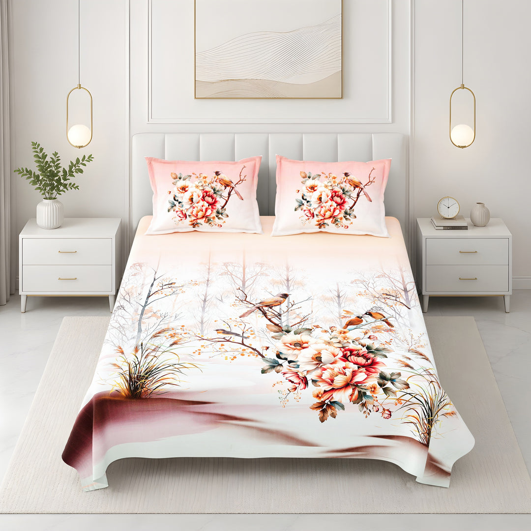 Bella Casa Fashion & Retail Ltd BEDSHEET 108 X 108 Inch / Peach & Multi / 100 % Premium Cotton Super King Size Double Bedsheet Set Premium Cotton with 2 Pillow Covers Digital Printed Peach & Multi Coloured - Celestia Designer Collection