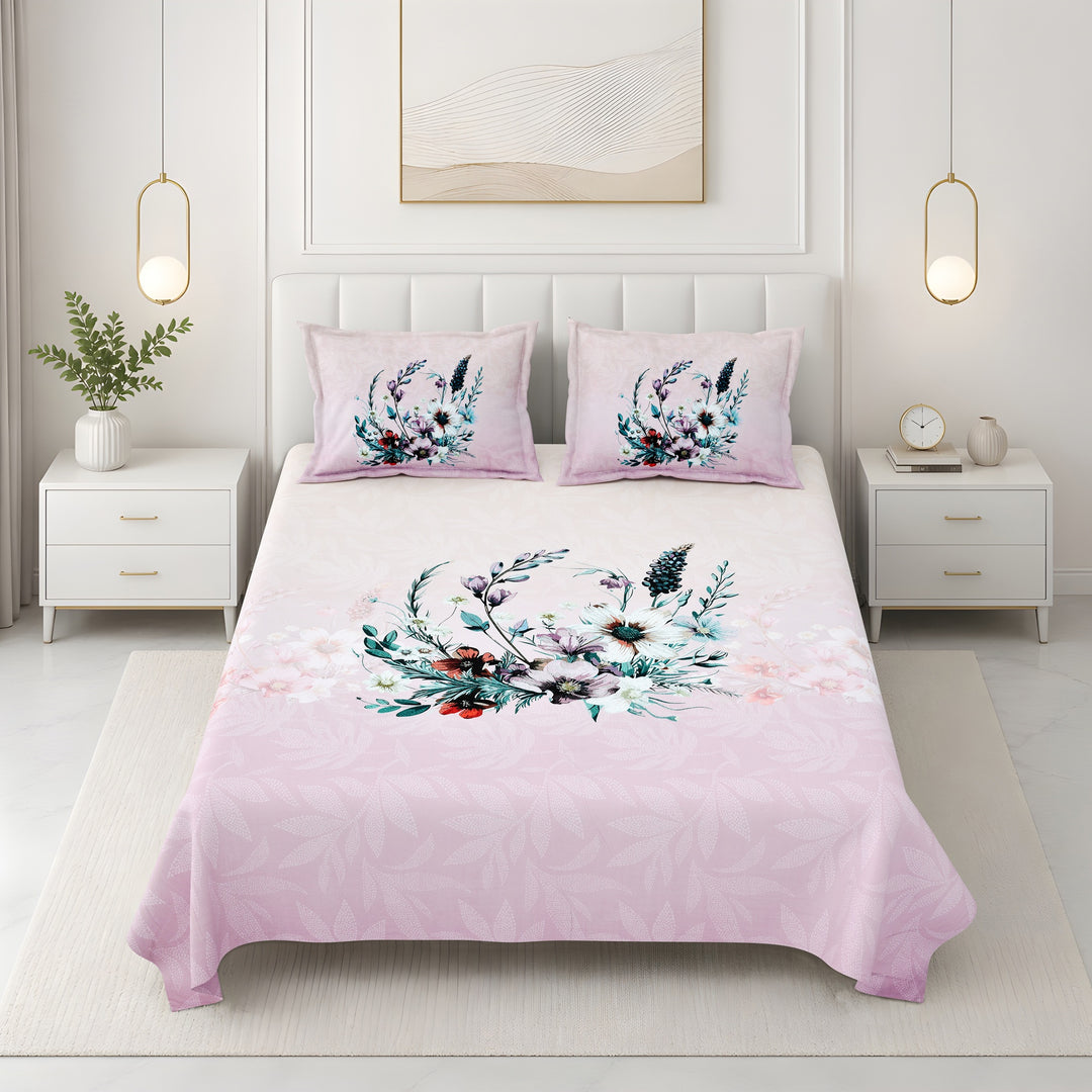 Bella Casa Fashion & Retail Ltd BEDSHEET 108 X 108 Inch / Peach & Multi / 100 % Premium Cotton Super King Size Double Bedsheet Set Premium Cotton with 2 Pillow Covers Digital Printed Peach & Multi Coloured - Celestia Designer Collection