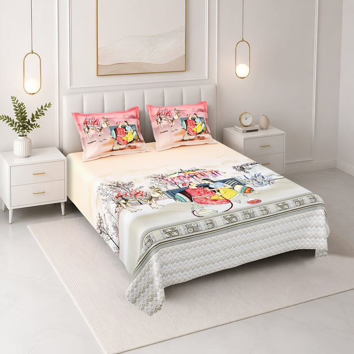Bella Casa Fashion & Retail Ltd BEDSHEET 108 X 108 Inch / Peach & Multi / 100 % Premium Cotton Super King Size Double Bedsheet Set Premium Cotton with 2 Pillow Covers Digital Printed Peach & Multi Coloured - Celestia Designer Collection