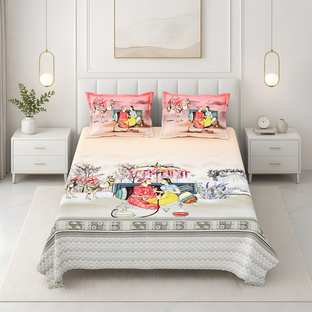 Bella Casa Fashion & Retail Ltd BEDSHEET 108 X 108 Inch / Peach & Multi / 100 % Premium Cotton Super King Size Double Bedsheet Set Premium Cotton with 2 Pillow Covers Digital Printed Peach & Multi Coloured - Celestia Designer Collection