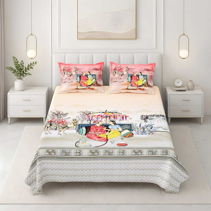 Bella Casa Fashion & Retail Ltd BEDSHEET 108 X 108 Inch / Peach & Multi / 100 % Premium Cotton Super King Size Double Bedsheet Set Premium Cotton with 2 Pillow Covers Digital Printed Peach & Multi Coloured - Celestia Designer Collection