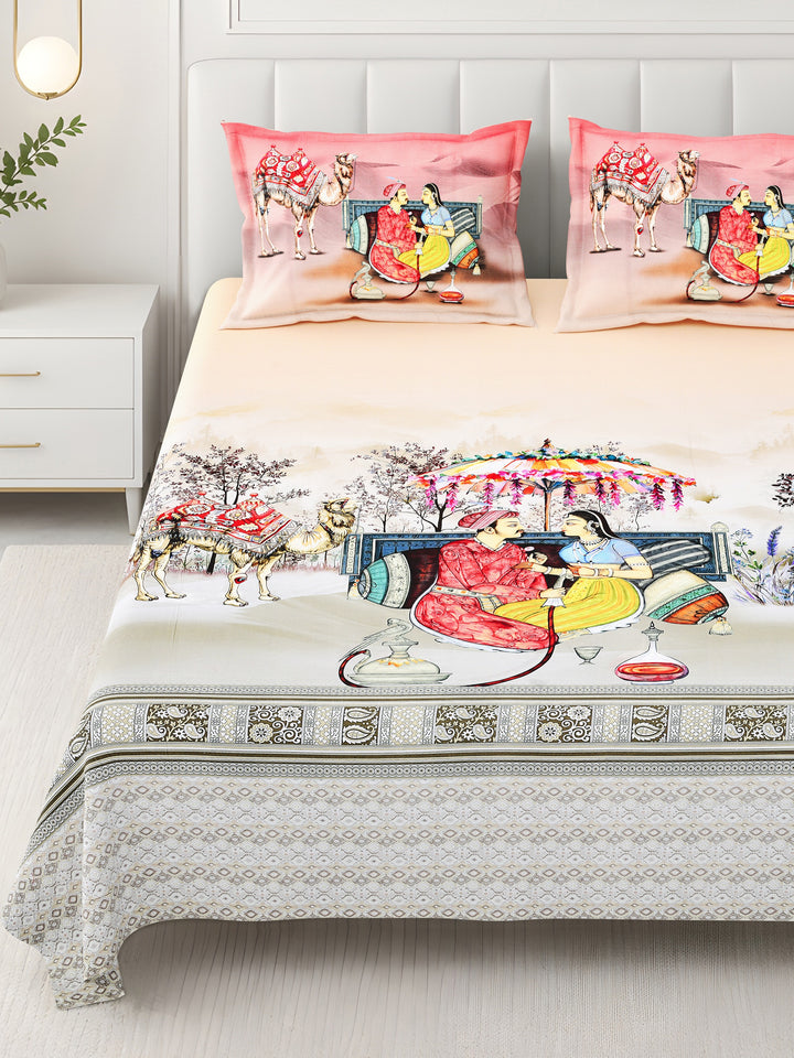 Bella Casa Fashion & Retail Ltd BEDSHEET 108 X 108 Inch / Peach & Multi / 100 % Premium Cotton Super King Size Double Bedsheet Set Premium Cotton with 2 Pillow Covers Digital Printed Peach & Multi Coloured - Celestia Designer Collection