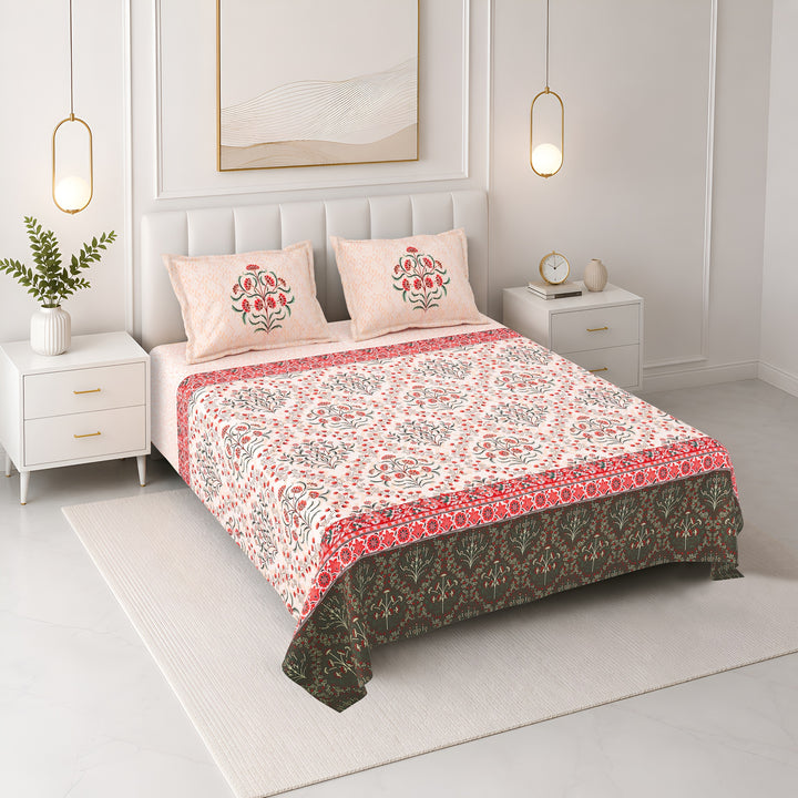 Bella Casa Fashion & Retail Ltd BEDSHEET 108 X 108 Inch / Peach & Red / 100 % Premium Cotton Super King Size Double Bedsheet Set Premium Cotton with 2 Pillow Covers Digital Printed Peach & Red Coloured - Celestia Designer Collection