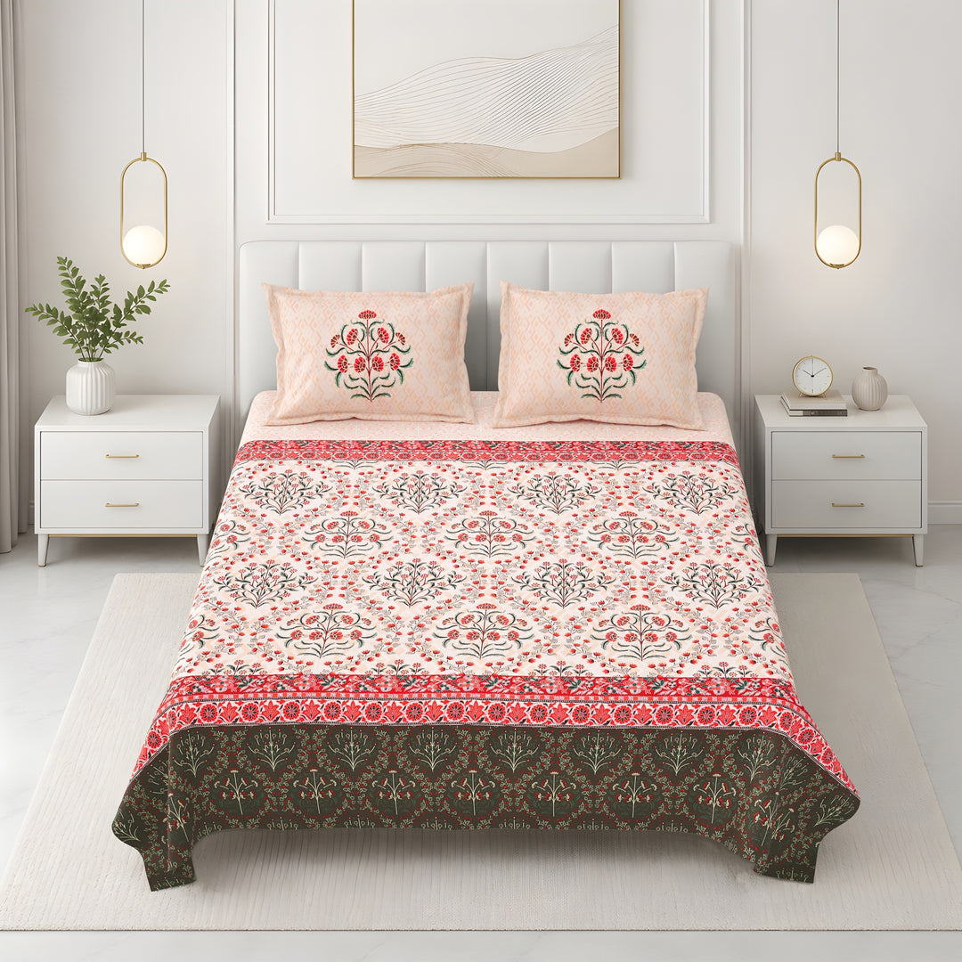 Bella Casa Fashion & Retail Ltd BEDSHEET 108 X 108 Inch / Peach & Red / 100 % Premium Cotton Super King Size Double Bedsheet Set Premium Cotton with 2 Pillow Covers Digital Printed Peach & Red Coloured - Celestia Designer Collection