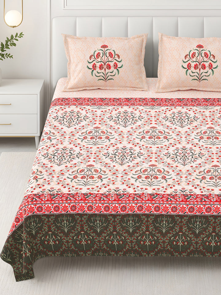 Bella Casa Fashion & Retail Ltd BEDSHEET 108 X 108 Inch / Peach & Red / 100 % Premium Cotton Super King Size Double Bedsheet Set Premium Cotton with 2 Pillow Covers Digital Printed Peach & Red Coloured - Celestia Designer Collection