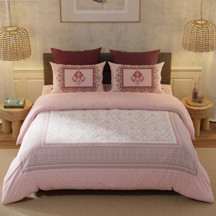 Bella Casa Fashion & Retail Ltd  BEDSHEET 108 X 108 Inch / Pink / 100 % Luxury Cotton Double Premium Bedsheet Set 100 % Luxury Cotton Super King Size with 2 Pillow Covers Floral Ethnic Design Pink Colour - Rajputana Designer Collection