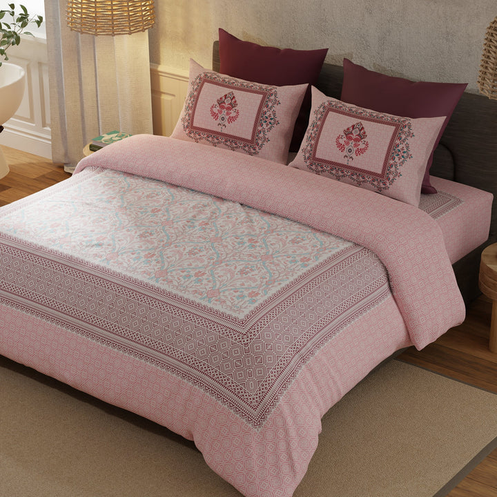 Bella Casa Fashion & Retail Ltd  BEDSHEET 108 X 108 Inch / Pink / 100 % Luxury Cotton Double Premium Bedsheet Set 100 % Luxury Cotton Super King Size with 2 Pillow Covers Floral Ethnic Design Pink Colour - Rajputana Designer Collection