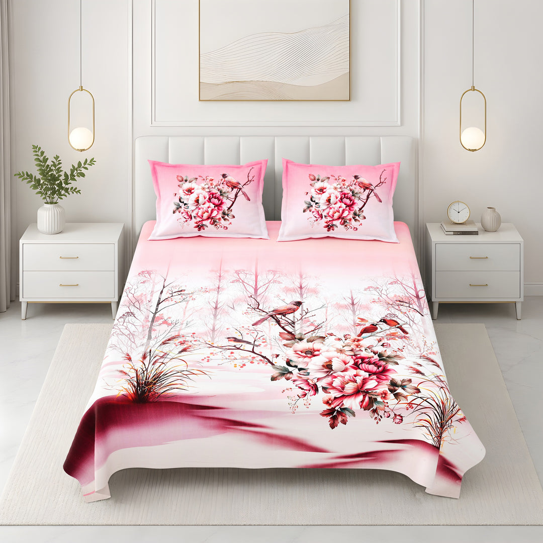 Bella Casa Fashion & Retail Ltd BEDSHEET 108 X 108 Inch / Pink & Multi / 100 % Premium Cotton Super King Size Double Bedsheet Set Premium Cotton with 2 Pillow Covers Digital Printed Pink & Multi Coloured - Celestia Designer Collection