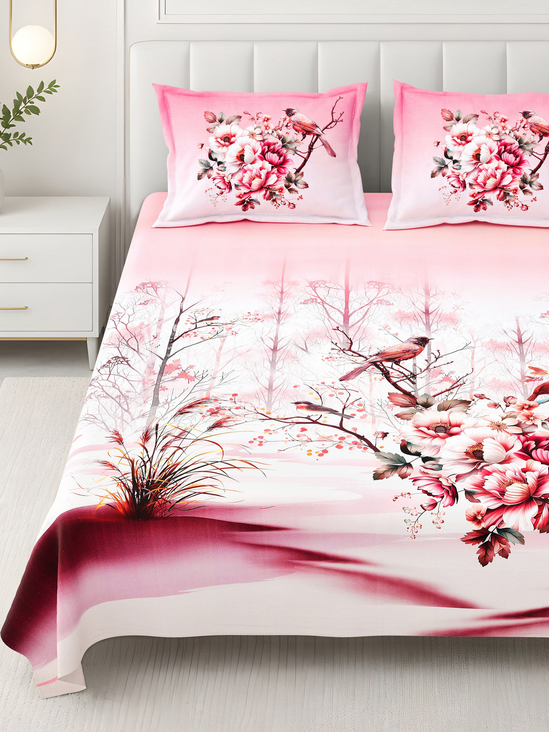 Bella Casa Fashion & Retail Ltd BEDSHEET 108 X 108 Inch / Pink & Multi / 100 % Premium Cotton Super King Size Double Bedsheet Set Premium Cotton with 2 Pillow Covers Digital Printed Pink & Multi Coloured - Celestia Designer Collection