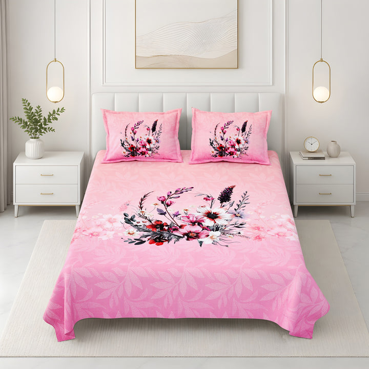 Bella Casa Fashion & Retail Ltd BEDSHEET 108 X 108 Inch / Pink & Multi / 100 % Premium Cotton Super King Size Double Bedsheet Set Premium Cotton with 2 Pillow Covers Digital Printed Pink & Multi Coloured - Celestia Designer Collection