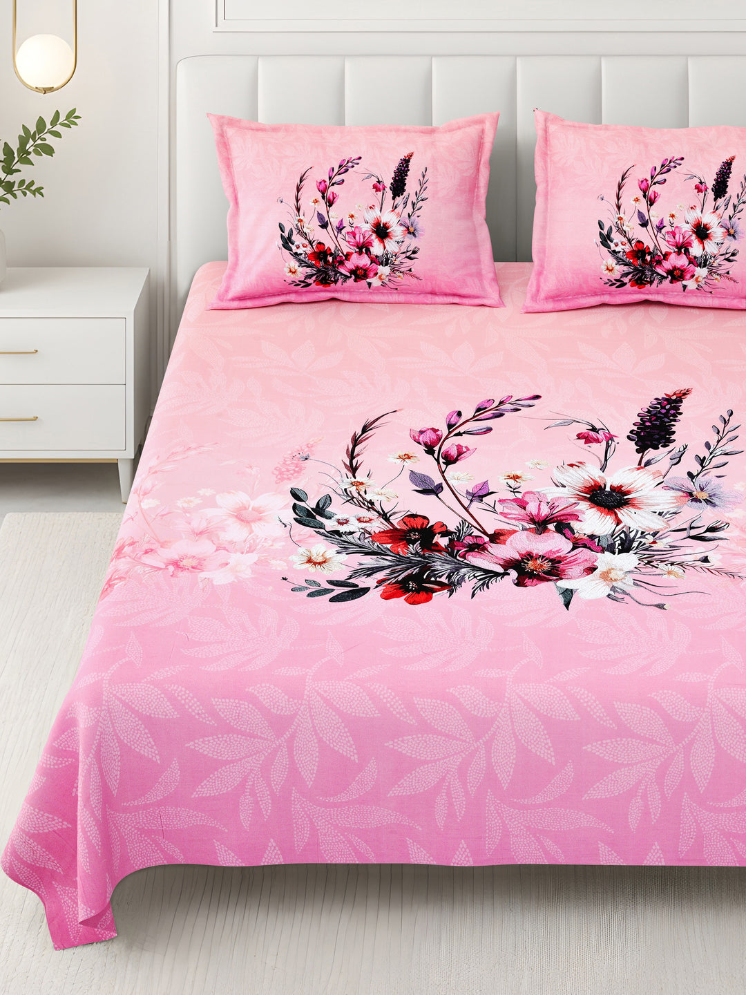 Bella Casa Fashion & Retail Ltd BEDSHEET 108 X 108 Inch / Pink & Multi / 100 % Premium Cotton Super King Size Double Bedsheet Set Premium Cotton with 2 Pillow Covers Digital Printed Pink & Multi Coloured - Celestia Designer Collection