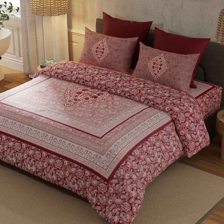 Bella Casa Fashion & Retail Ltd  BEDSHEET 108 X 108 Inch / Red / 100 % Luxury Cotton Double Premium Bedsheet Set 100 % Luxury Cotton Super King Size with 2 Pillow Covers Floral Ethnic Design Red Colour - Rajputana Designer Collection