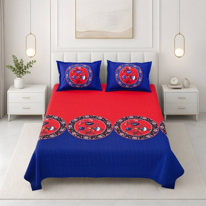 Bella Casa Fashion & Retail Ltd BEDSHEET 108 X 108 Inch / Red & Blue / 100 % Premium Cotton Super King Size Double Bedsheet Set Premium Cotton with 2 Pillow Covers Digital Printed Red & Blue Coloured - Celestia Designer Collection