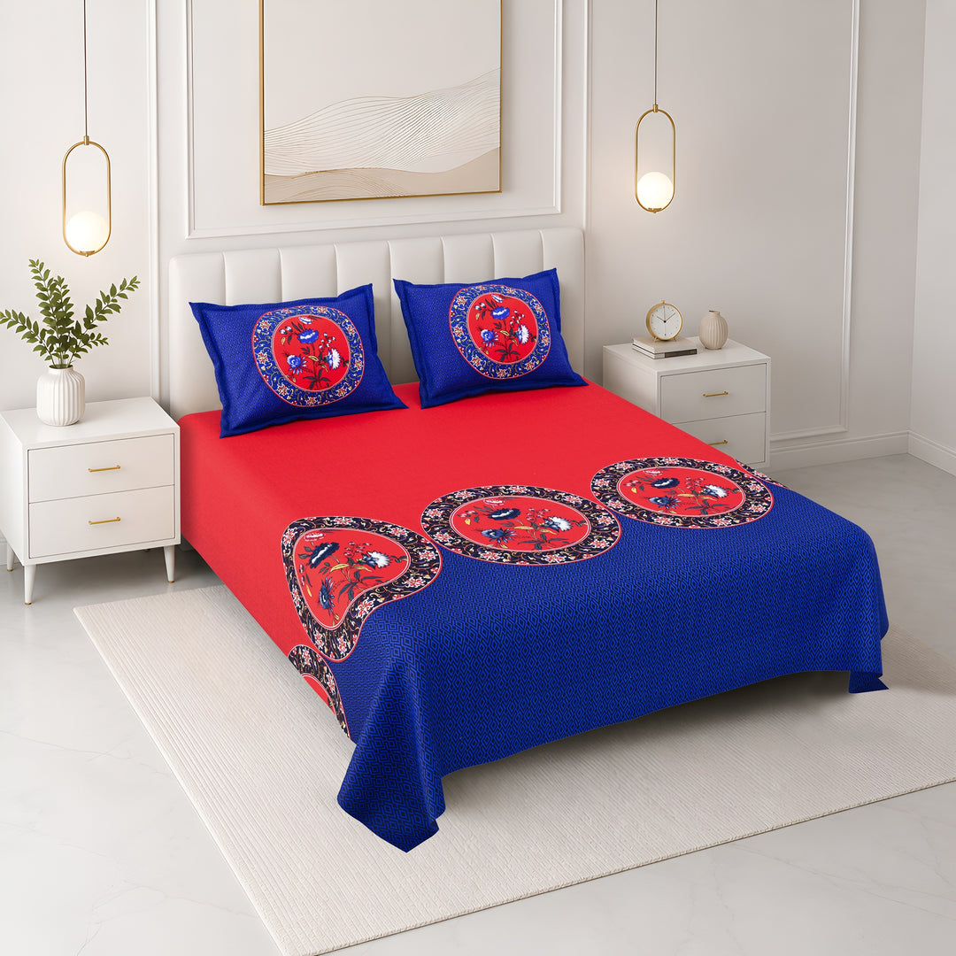 Bella Casa Fashion & Retail Ltd BEDSHEET 108 X 108 Inch / Red & Blue / 100 % Premium Cotton Super King Size Double Bedsheet Set Premium Cotton with 2 Pillow Covers Digital Printed Red & Blue Coloured - Celestia Designer Collection