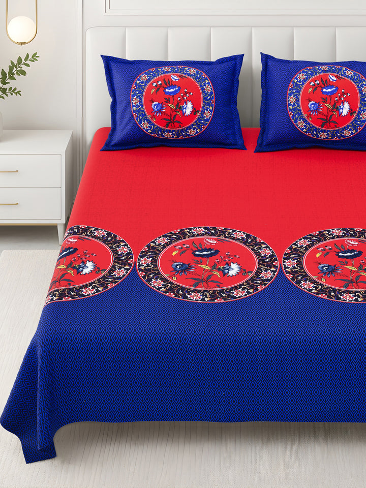 Bella Casa Fashion & Retail Ltd BEDSHEET 108 X 108 Inch / Red & Blue / 100 % Premium Cotton Super King Size Double Bedsheet Set Premium Cotton with 2 Pillow Covers Digital Printed Red & Blue Coloured - Celestia Designer Collection