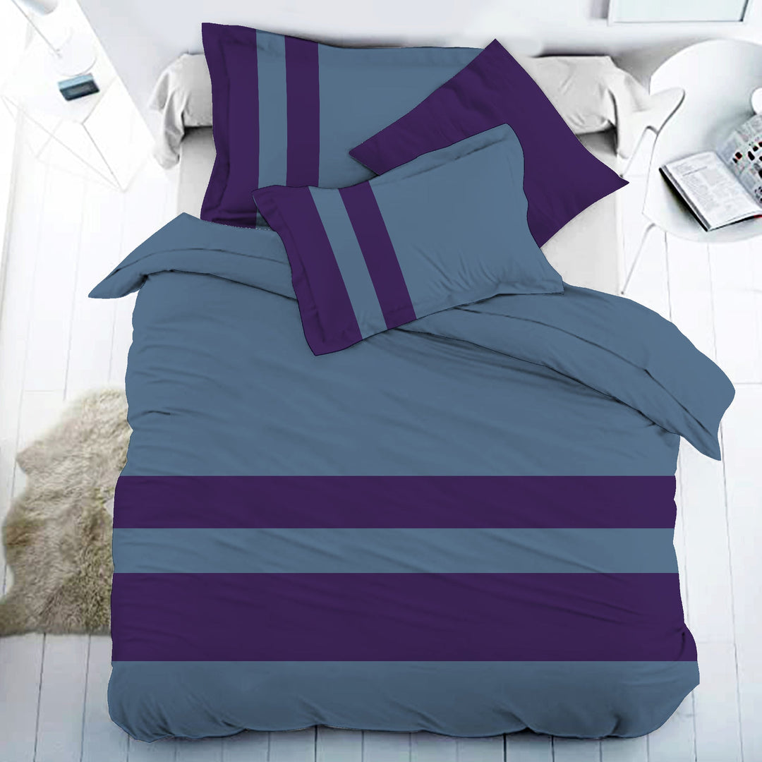 Bella Casa Fashion & Retail Ltd BEDSHEET 108 X 108 Inch / Slate Blue & Purple / 100 % Premium Cotton Super King Size Double Bedsheet Set Premium Cotton with 2 Pillow Covers Digital Printed Slate Blue & Purple Coloured - Heaven Stripe Collection