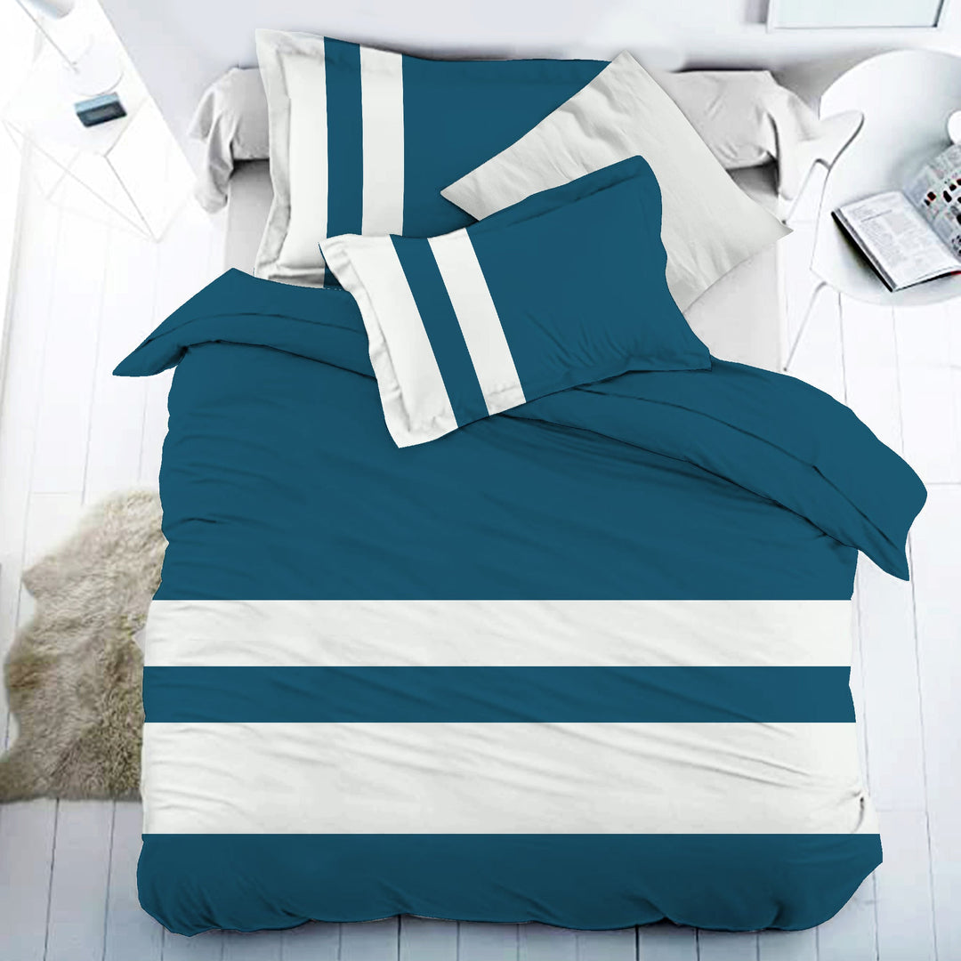 Bella Casa Fashion & Retail Ltd BEDSHEET 108 X 108 Inch / Teal Blue & Off-White / 100 % Premium Cotton Super King Size Double Bedsheet Set Premium Cotton with 2 Pillow Covers Digital Printed Teal Blue & Off-White Coloured - Heaven Stripe Collection