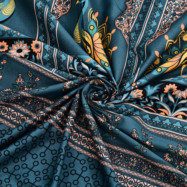 Bella Casa Fashion & Retail Ltd BEDSHEET 108 X 108 Inch / Teal & Multi / 100 % Premium Cotton Super King Size Double Bedsheet Set Premium Cotton with 2 Pillow Covers Digital Printed Teal & Multi Coloured - Celestia Designer Collection